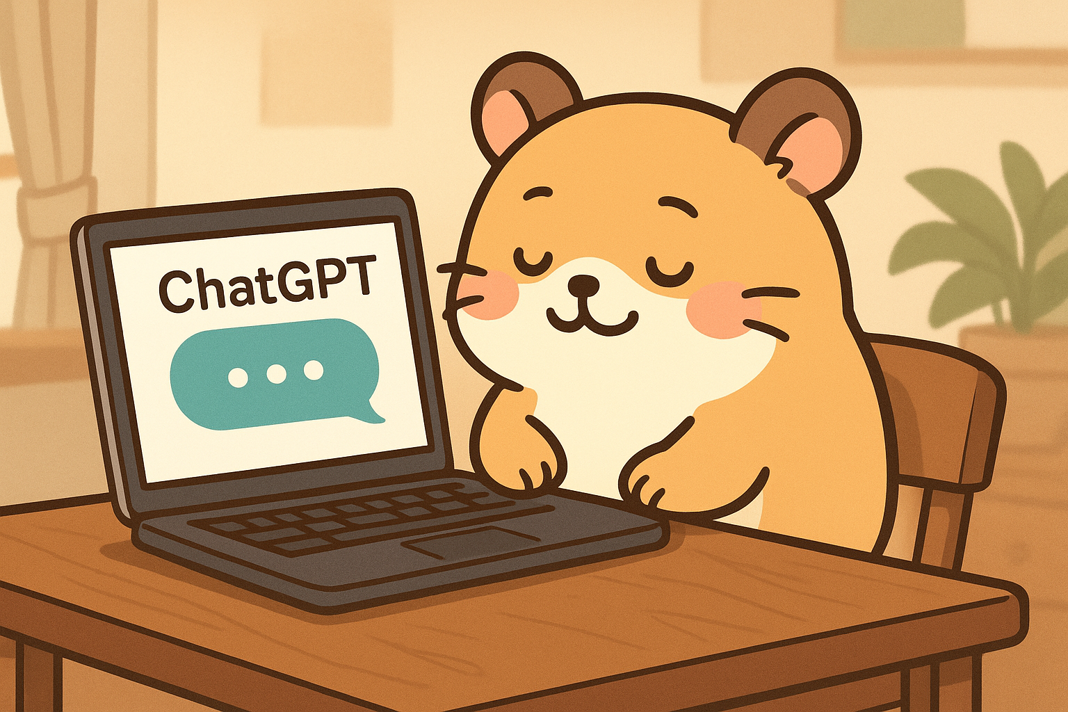 ノートパソコンに向かってChatGPTと対話し、安心した表情を浮かべるハムスター。メンタルを整える手助けとしてAIを活用している様子。