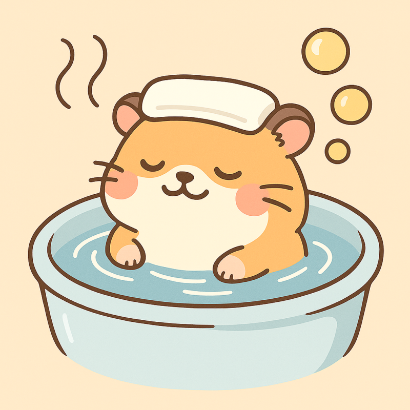 湯船に浸かってリラックスするハムスターのイラスト