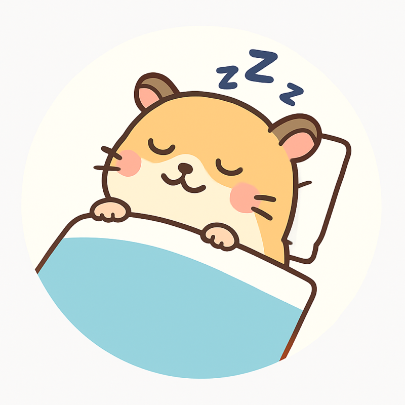 ぐっすりと眠るかわいいハムスター。睡眠によって脳疲労を回復し、穏やかな表情で布団に包まれている様子