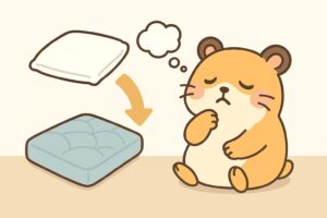 マットレスの上に立って枕を見つめるハムスターが、寝具選びに悩んでいる様子を描いた柔らかなタッチのイラスト。背景には落ち着いた寝室の雰囲気が広がる。