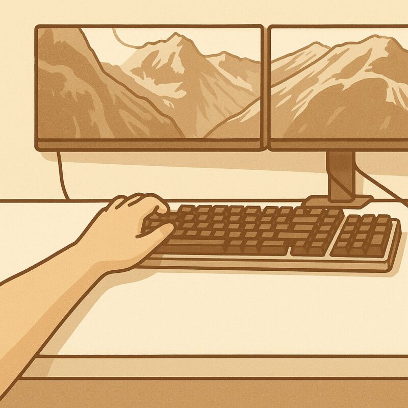 モニター下に奥まって配置されたキーボードに片腕を乗せてタイピングしている様子のイラスト