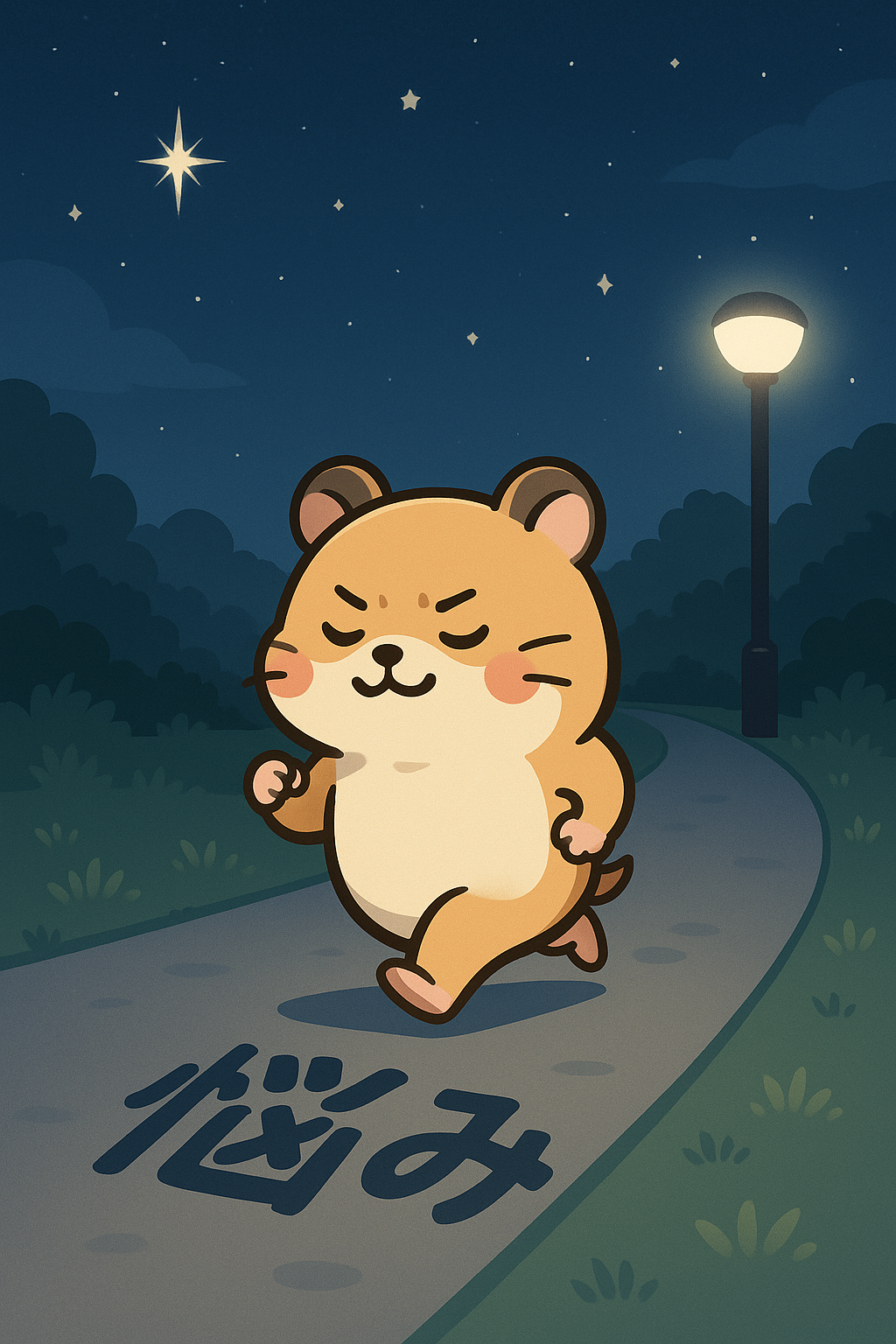 夜道を駆け抜けるハムスターが、風を受けながら軽やかな表情を浮かべているイラスト。月明かりと風が悩みを吹き飛ばしていくイメージ。