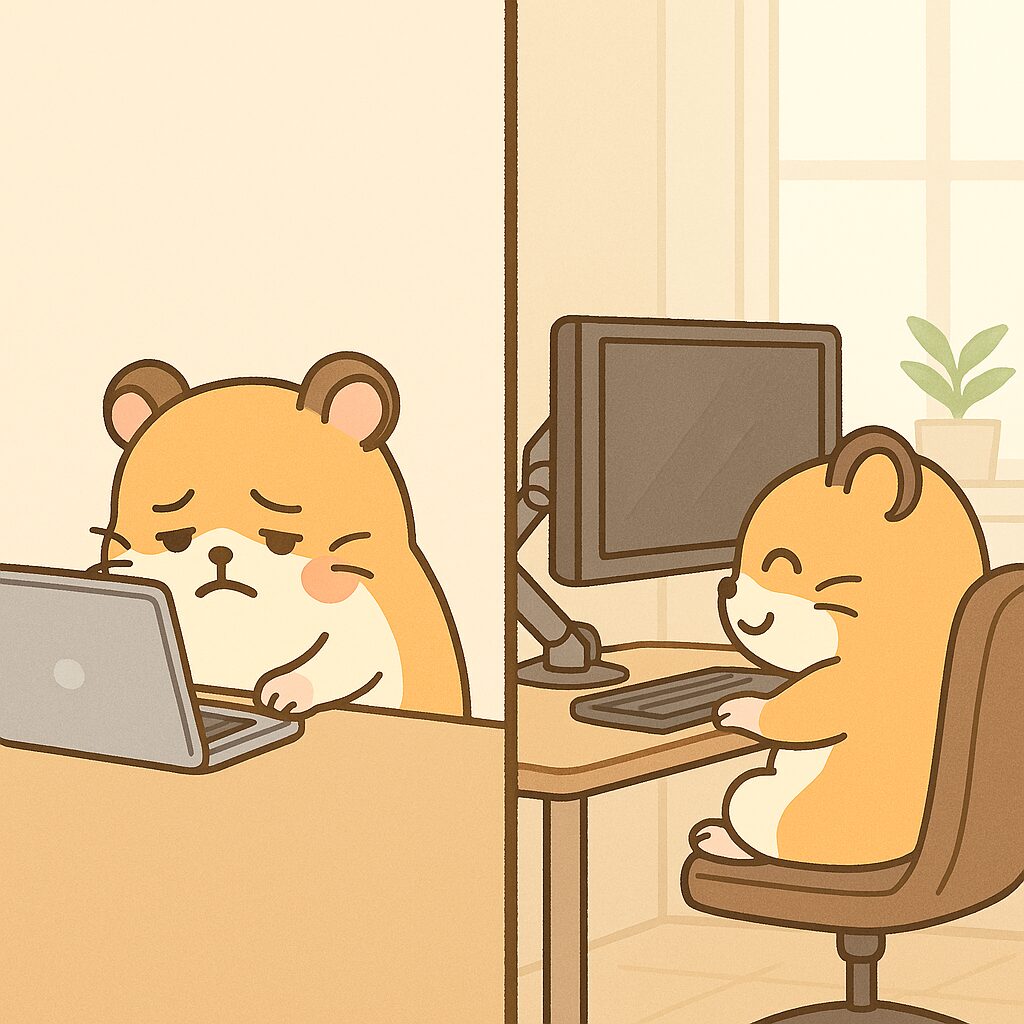 左右2画面に分かれたビフォーアフター形式のイラスト。左は前かがみでノートPCを見る疲れたハムスター、右はモニターアームで快適に作業する姿勢の良いハムスター。同じ部屋でも明るさや清潔感に差がある。
