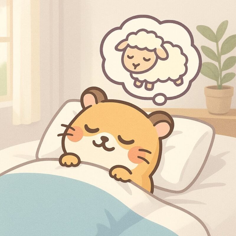 白とベージュを基調にした明るい寝室で、ハムスターが枕に頭をのせて穏やかに眠っている。やわらかな自然光の中、夢には羊がふんわりと登場。清潔感とやさしさのある睡眠シーン。