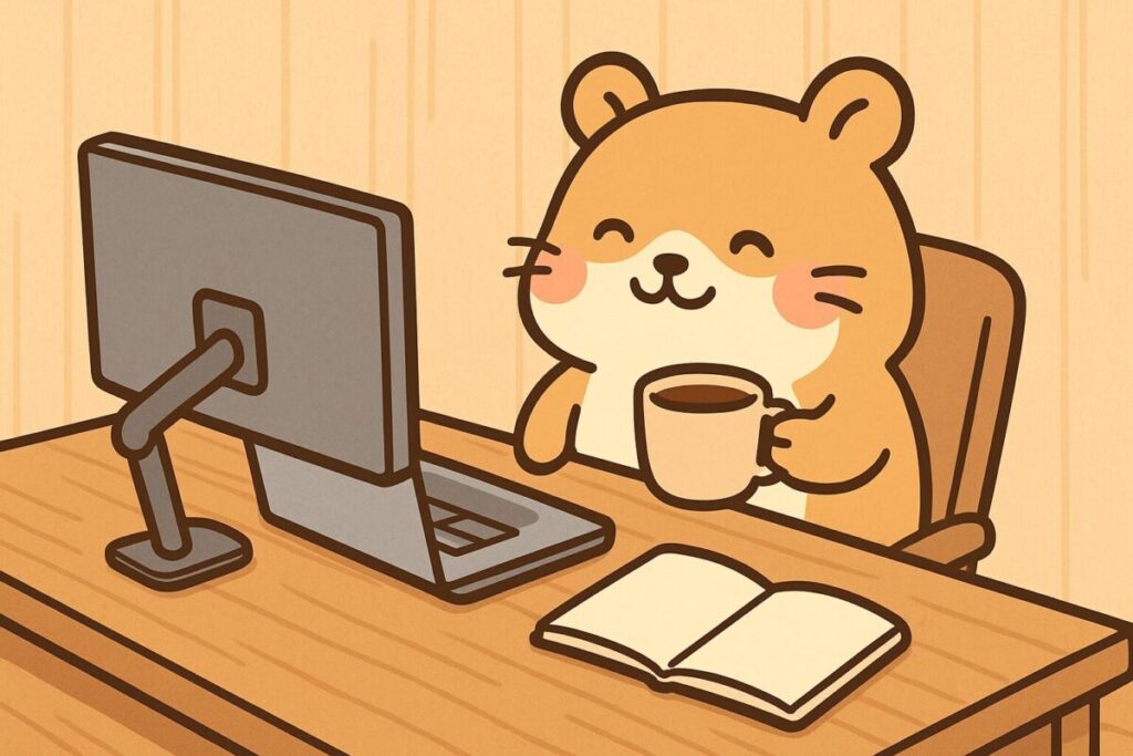 パソコンデスクに座り、コーヒー片手にモニターを眺めるくつろぎ中のハムスターのイラスト（丸顔・赤いほっぺ・柔らかい線・ナチュラルな木目調）