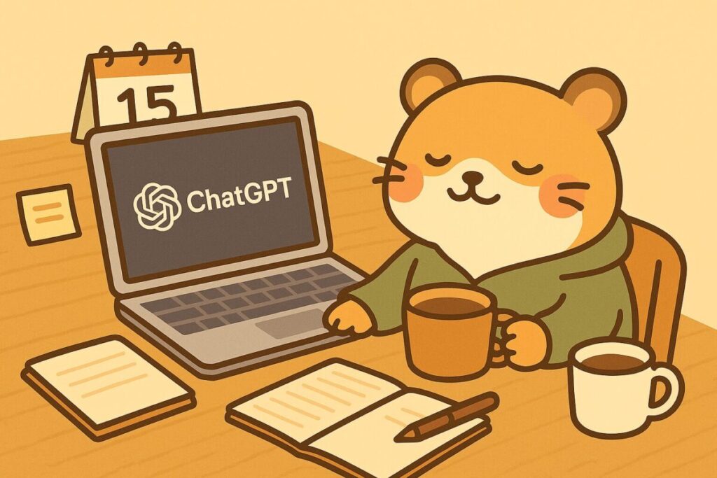 ChatGPTの画面を表示したノートパソコンの前で、コーヒーを片手にくつろぐハムスター。机の上にはカレンダー、ノート、メモ帳、ペンなどが整然と並び、ナチュラルな木目のデスクが温かみのある雰囲気を演出している。