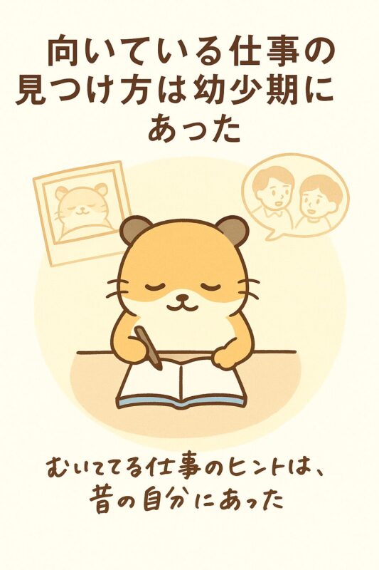柔らかな光の中でノートに向かうかわいいハムスターの後ろ姿。背景に子供時代の写真と親の会話風の吹き出しが浮かび、画面右下に「むいてる仕事のヒントは、昔の自分にあった」という手書き風文字が添えられている。