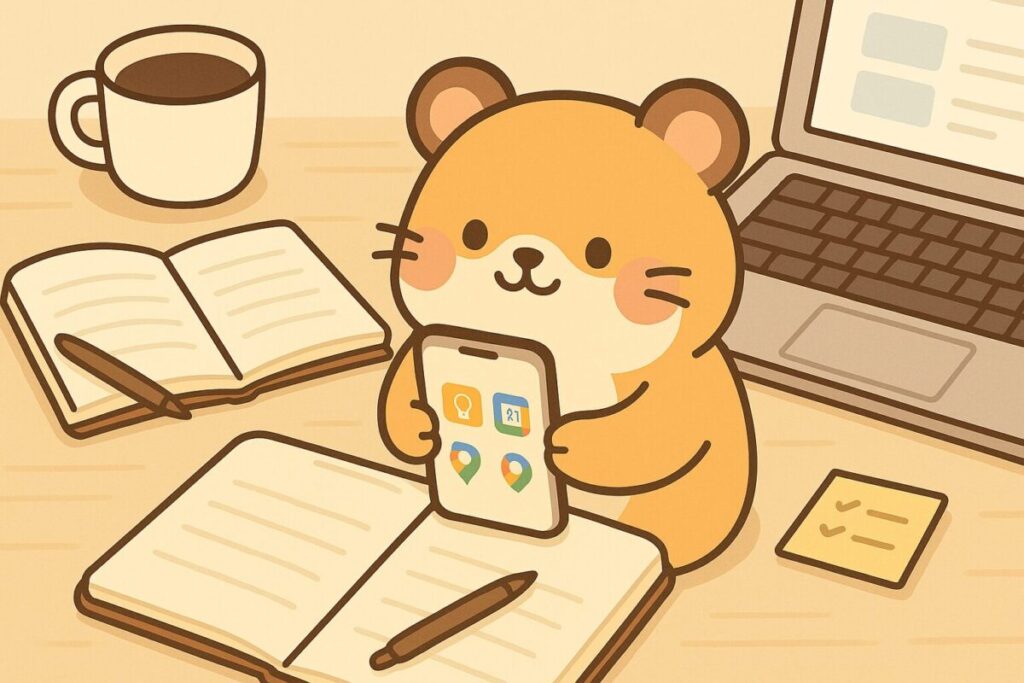 ハムスターがスマートフォンを手に取り、机の上でGoogle Keep・Googleカレンダー・Googleマップのアイコンを見ている様子。デスクにはノート、コーヒー、パソコン、付箋が並び、ナチュラルなベージュ系カラーでまとめられた、やさしい雰囲気のイラスト。