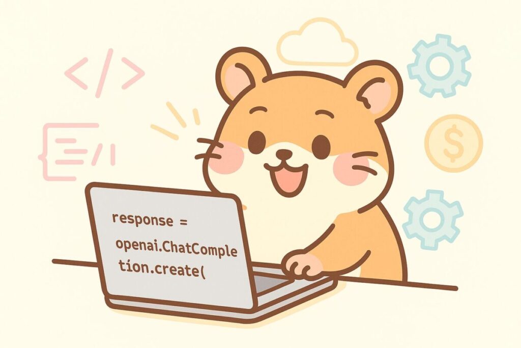 柔らかい線で描かれたハムスターがノートパソコンでChatGPT APIのコードを実行し、嬉しそうに喜んでいる。背景にはコード記号、クラウド、歯車、課金アイコンがパステルカラーで配置されている。