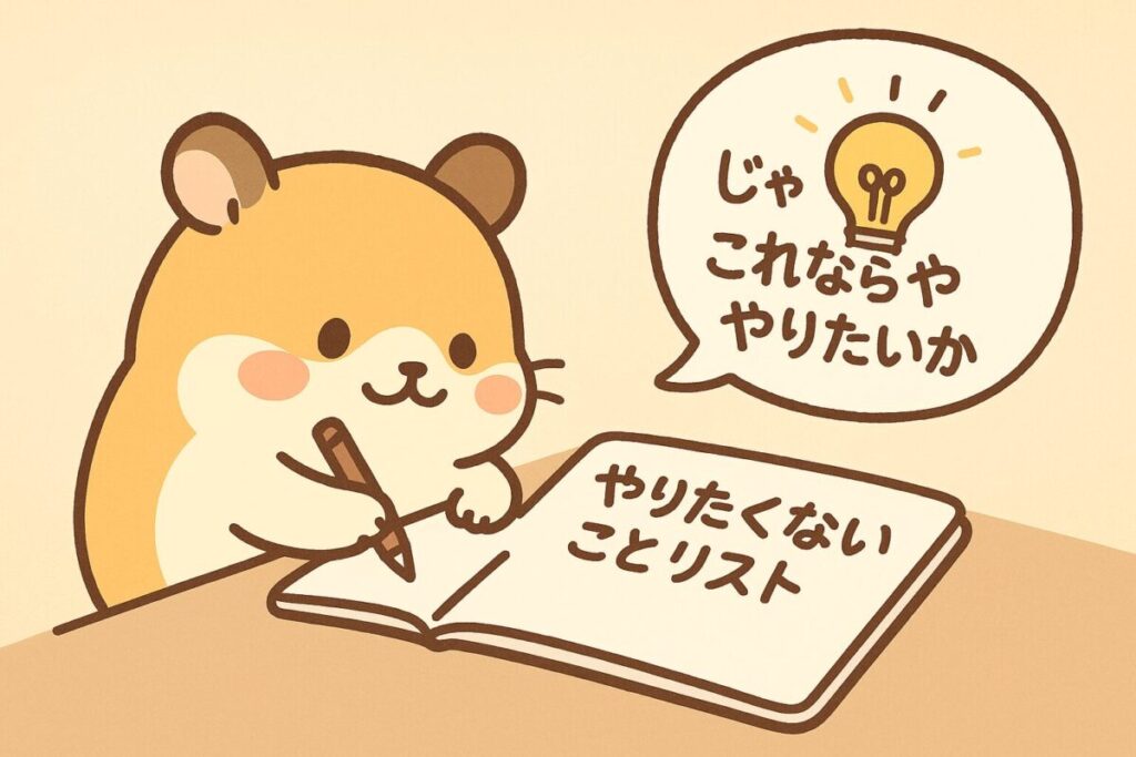 「やりたくないことリスト」をノートに書くかわいいハムスター。吹き出しには電球とともに「じゃあこれならやりたいかも」とひらめいた様子が描かれている。