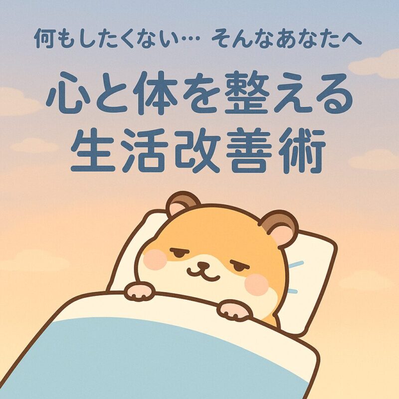 夜明けのやさしい空の下、ふとんの上でぐったりと寝そべるハムスター。目元に少し笑みを浮かべ、「何もしたくない…そんなあなたへ」「心と体を整える 生活改善術」の文字が添えられている。